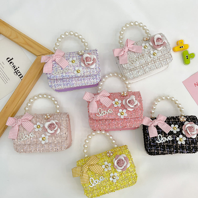 New Korean Fashion Woolen Cotton Linen Women's Children's Bow Pearl Handbag Handbag Women's Bag