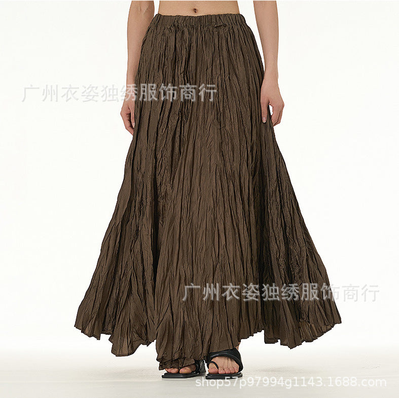 Amazon European and American Style Simple Crinkled Midi Skirt 2026 Summer New Fashion Brand Women's Clothing Trendy Versatile Oversized Flared Skirt