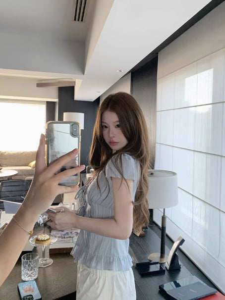V-Neck Ruffled Lace-Up Short-Sleeve Blue Shirt for Women, New Summer Style, Very Pretty Blouse