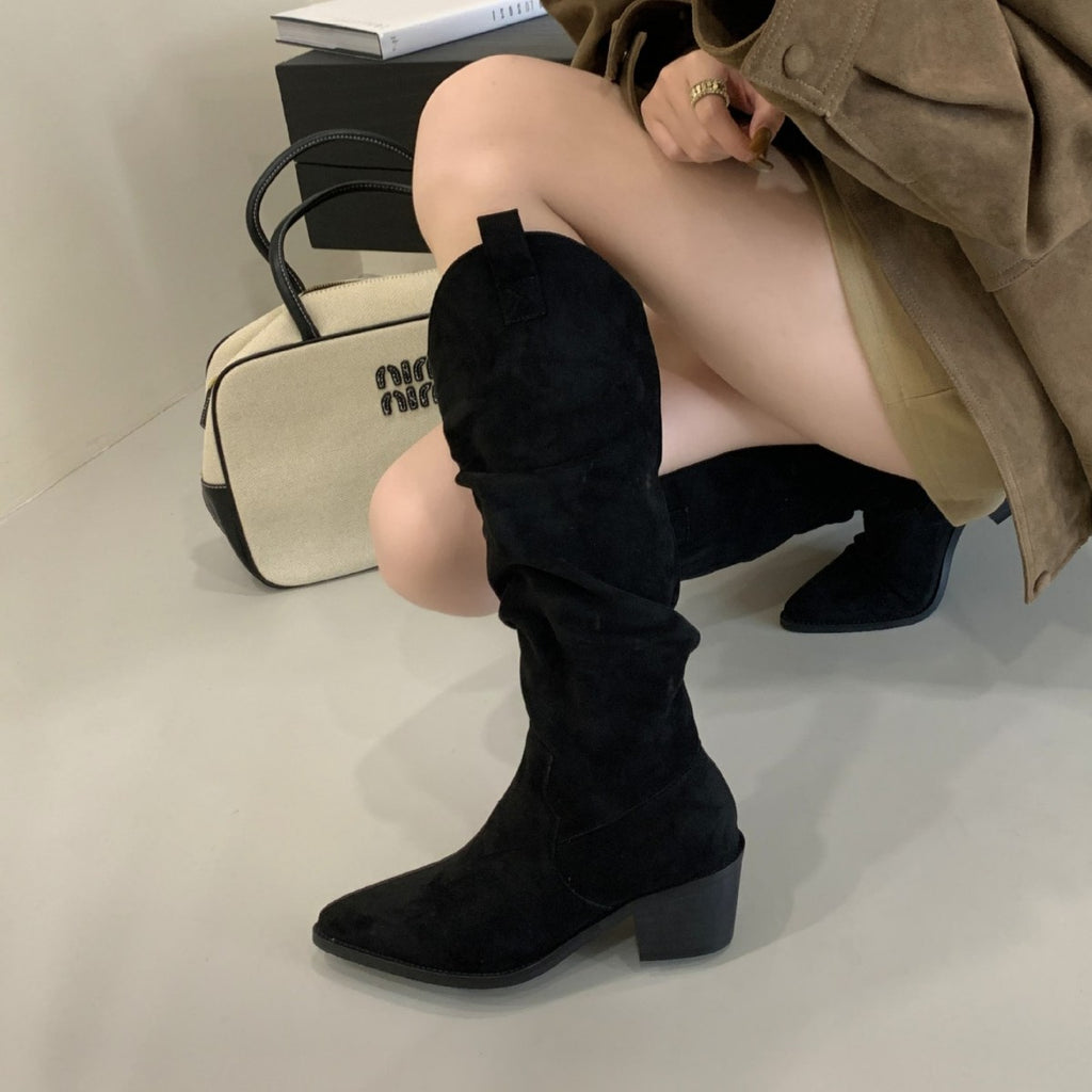 Long Boots, High Boots, Women's Suede 2025 Autum New Boots, Pointed Toe Retro Knight Boots, No More Than Knee Thick Heels and High Heels