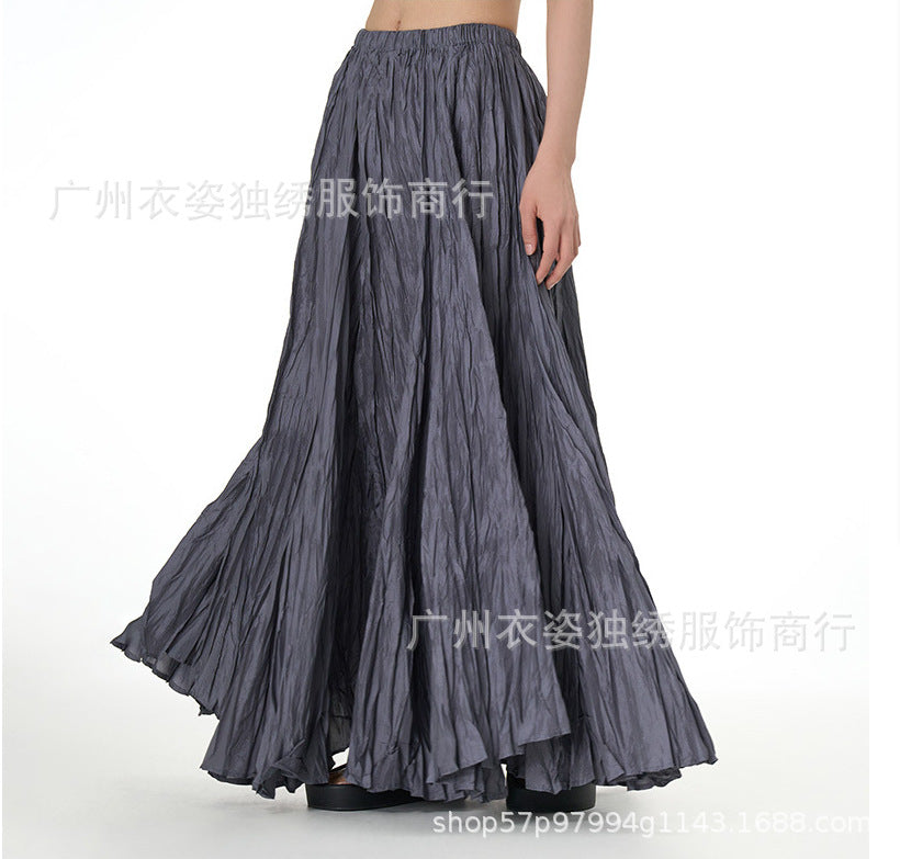 Amazon European and American Style Simple Crinkled Midi Skirt 2026 Summer New Fashion Brand Women's Clothing Trendy Versatile Oversized Flared Skirt