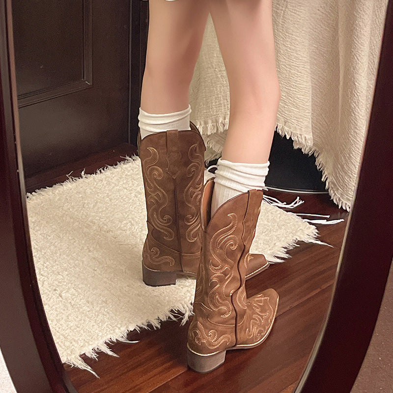 European and American Fashion Long Fashion Boots for Women 2025 Spring & Fall Embroidered High Boots Comfortable and Warm Versatile Boots Wholesale