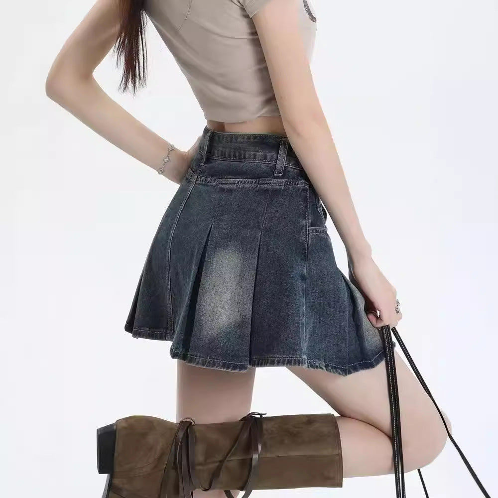 American Style Retro Denim Skirt Women's Summer New Style Small Design Sense A- Line Shorts Pleated Skirt Women's Skirt