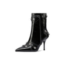 European and American pointed rivet ankle boots new black side zipper fashion stiletto heel punk style boots motorcycle boots
