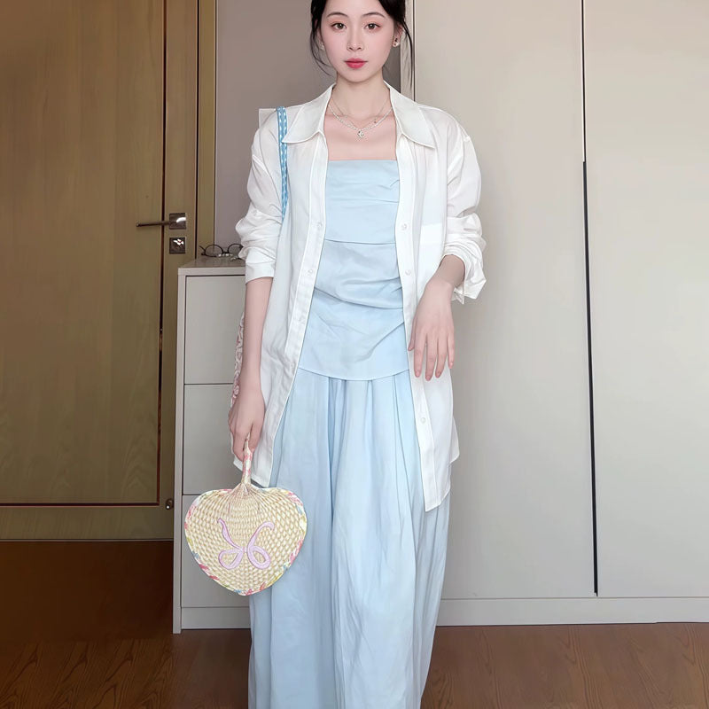 2025 Spring and Summer New Korean suit Shirt Strapless Top Skirt light blue