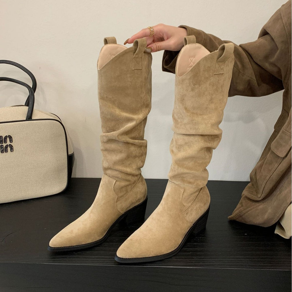 Long Boots, High Boots, Women's Suede 2025 Autum New Boots, Pointed Toe Retro Knight Boots, No More Than Knee Thick Heels and High Heels