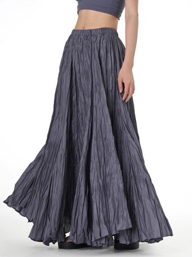 Amazon European and American Style Simple Crinkled Midi Skirt 2026 Summer New Fashion Brand Women's Clothing Trendy Versatile Oversized Flared Skirt