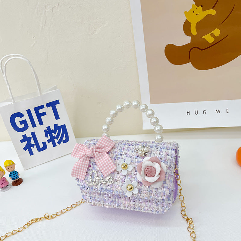 New Korean Fashion Woolen Cotton Linen Women's Children's Bow Pearl Handbag Handbag Women's Bag