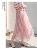Spring and Summer Korean Style Elastic Waist Fashionable and Versatile Slimming Mesh Splicing Irregular Mid-Length High-Waisted Skirt