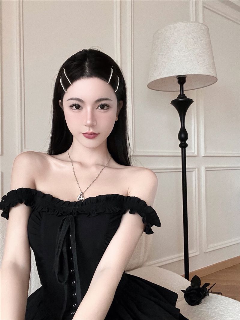 French Sweet and Spicy Black Dress, Chic and Beautiful Summer Dress with Discreet Design, Princess Suspender Puffy Skirt