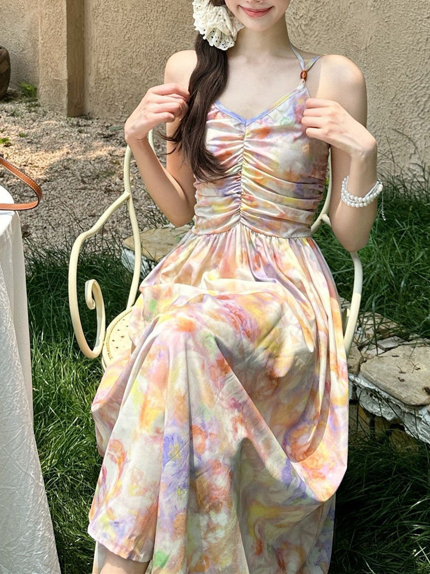 French-Style Oil Painting Halter Neck Spaghetti Strap Dress for Women, New Summer Vacation Style, Backless Floral Mid-Length Dress Ins