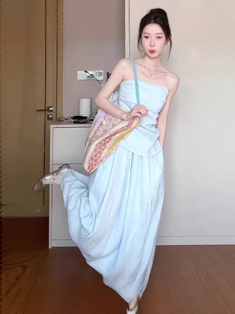 2025 Spring and Summer New Korean suit Shirt Strapless Top Skirt light blue