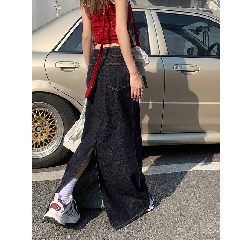 Raccoon House # Summer High-Waisted Denim Long Skirt for Women Denim Original Color Slit Dark Blue Tall A-Line Skirt Wholesale