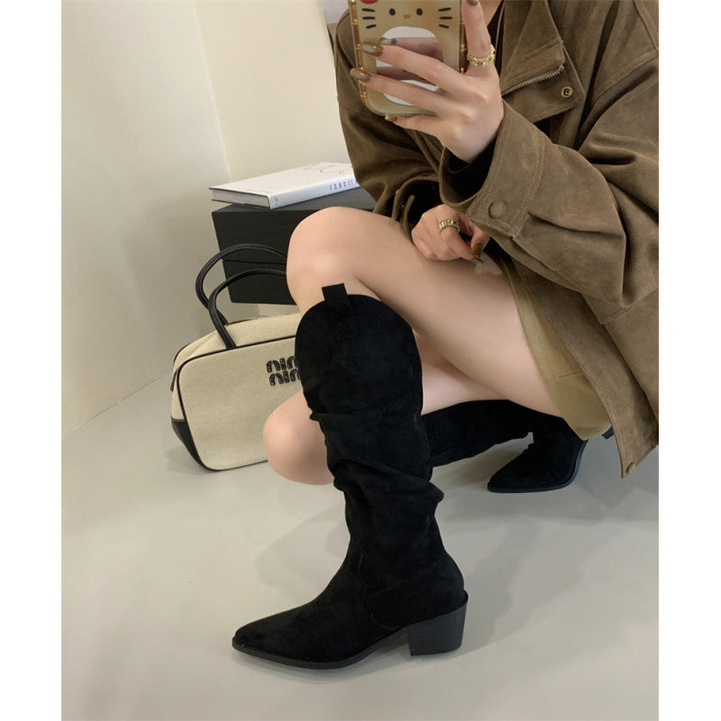 Long Boots, High Boots, Women's Suede 2025 Autum New Boots, Pointed Toe Retro Knight Boots, No More Than Knee Thick Heels and High Heels