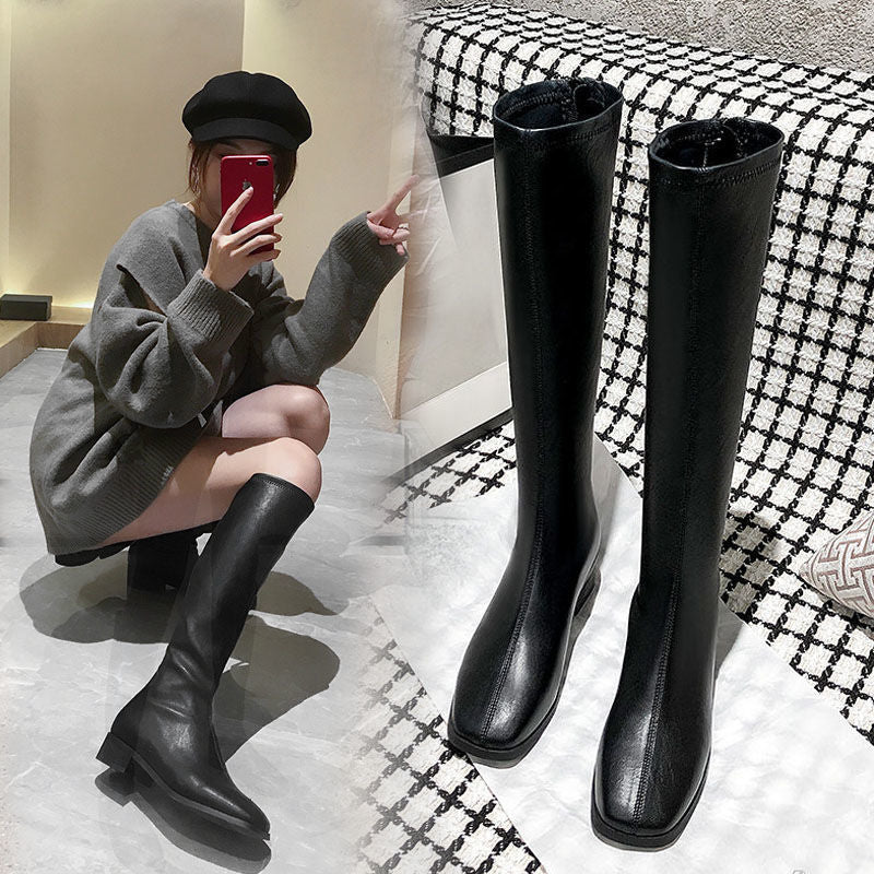 Long Boots for Women, Knight Boots, No More Than Knee-High Street Style Square-Toe Boots, Spring and Autumn New Style, Rear Zipper, Slimming High Boots for Women