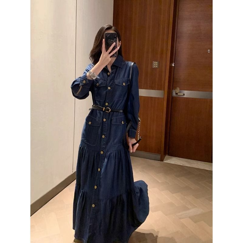 Casual Blue Denim dress Women's 2025 Spring New Feeling Temperament Fashion High Waist Slimming Cake Dress