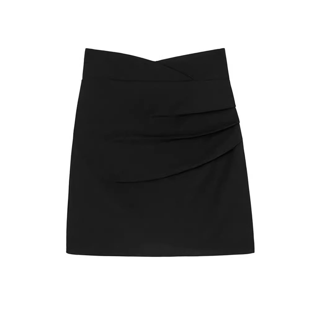 Summer 2023 New High-Waisted Hip-Hugging A-Line Short Skirt with Irregular Design Pleated Mini Skirt Sexy Black