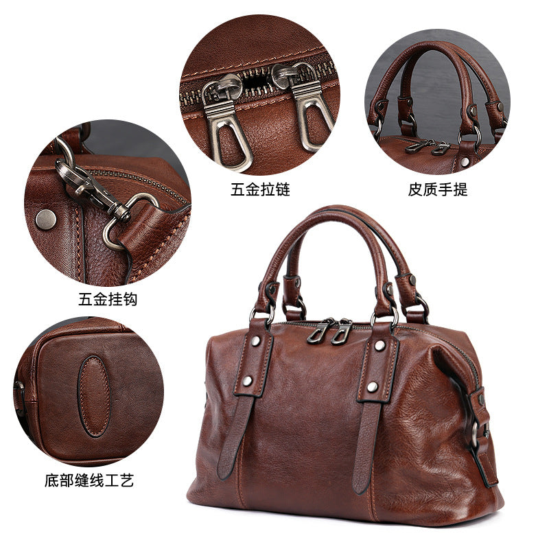 Women's Zipper Handbag First Layer Cowhide Adjustable Shoulder Bag Business Style Tote Bag Genuine Leather Women's Bag Retro Style