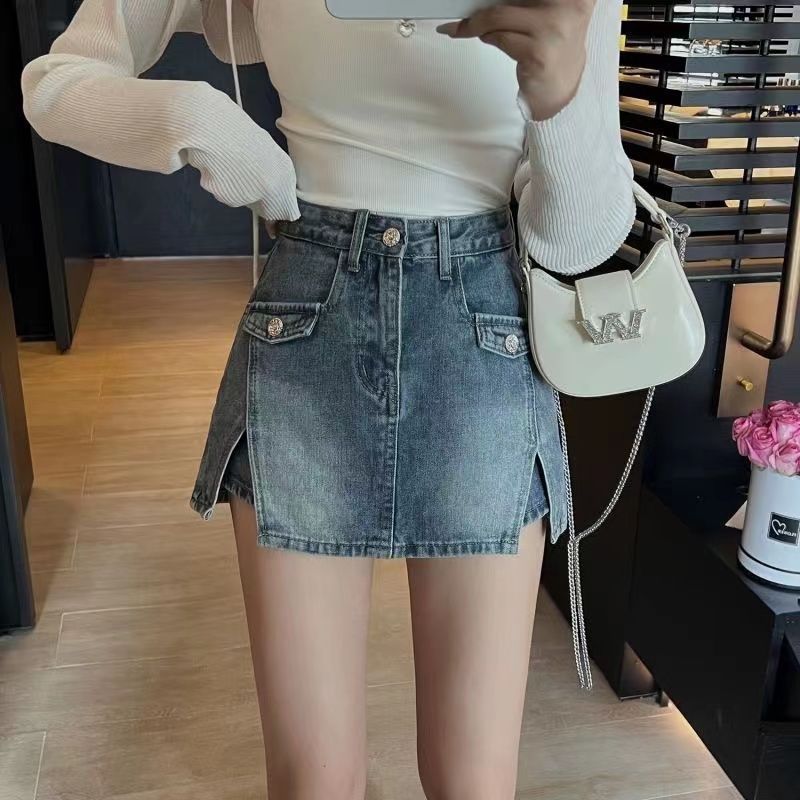 Short Skirt for Women 2024 High-Waisted Slimming Hip-Hugging Slit Skirt Pants Suit A-Line Shorts Skirt Denim Sexy Hot Girl