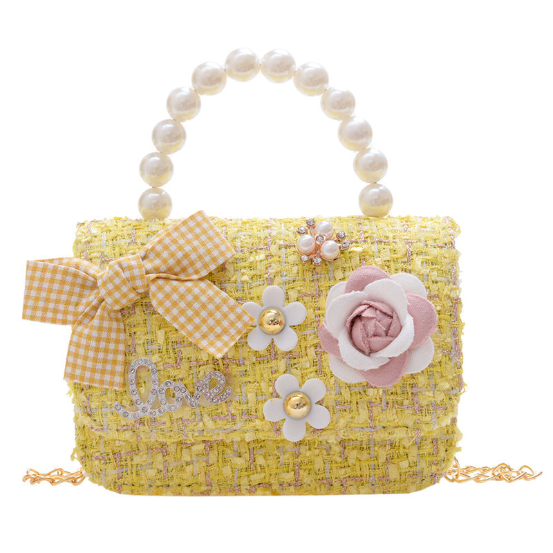 New Korean Fashion Woolen Cotton Linen Women's Children's Bow Pearl Handbag Handbag Women's Bag