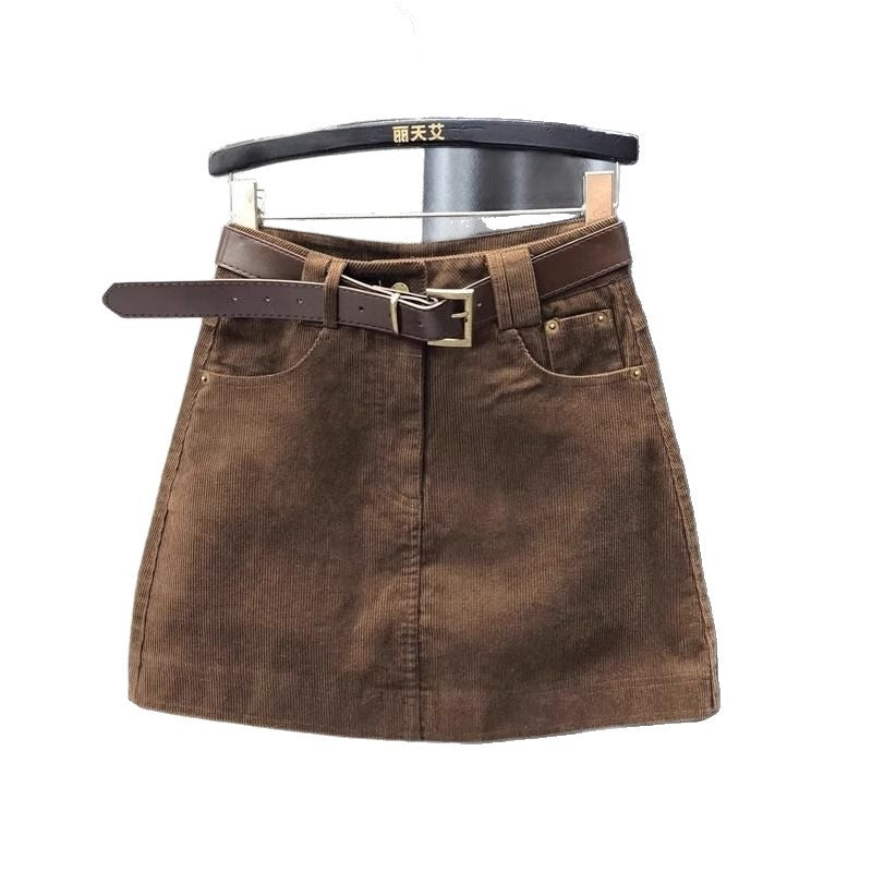 European Retro Brown Corduroy Skirt for Women, Spring, Autumn and Winter High-Waisted Slimming Look A-Line Skirt, Short Skirt, Hip-Hugging Skirt