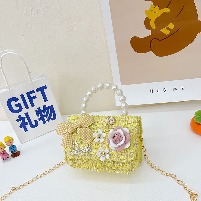 New Korean Fashion Woolen Cotton Linen Women's Children's Bow Pearl Handbag Handbag Women's Bag