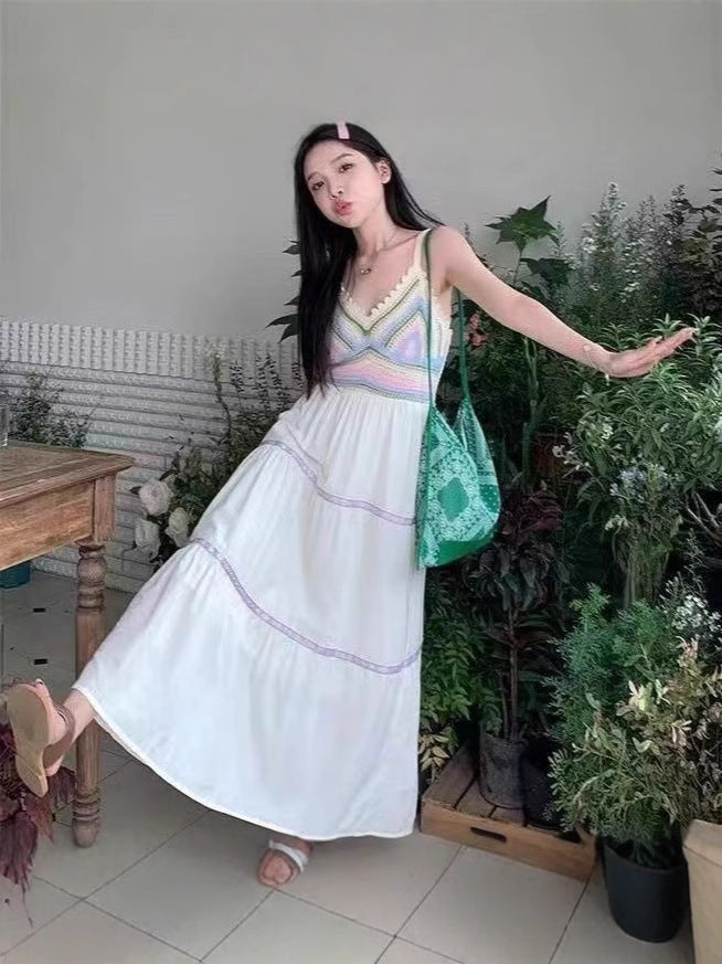 Summer women's national style sling hollow stitching dress new style sling skirt holiday style