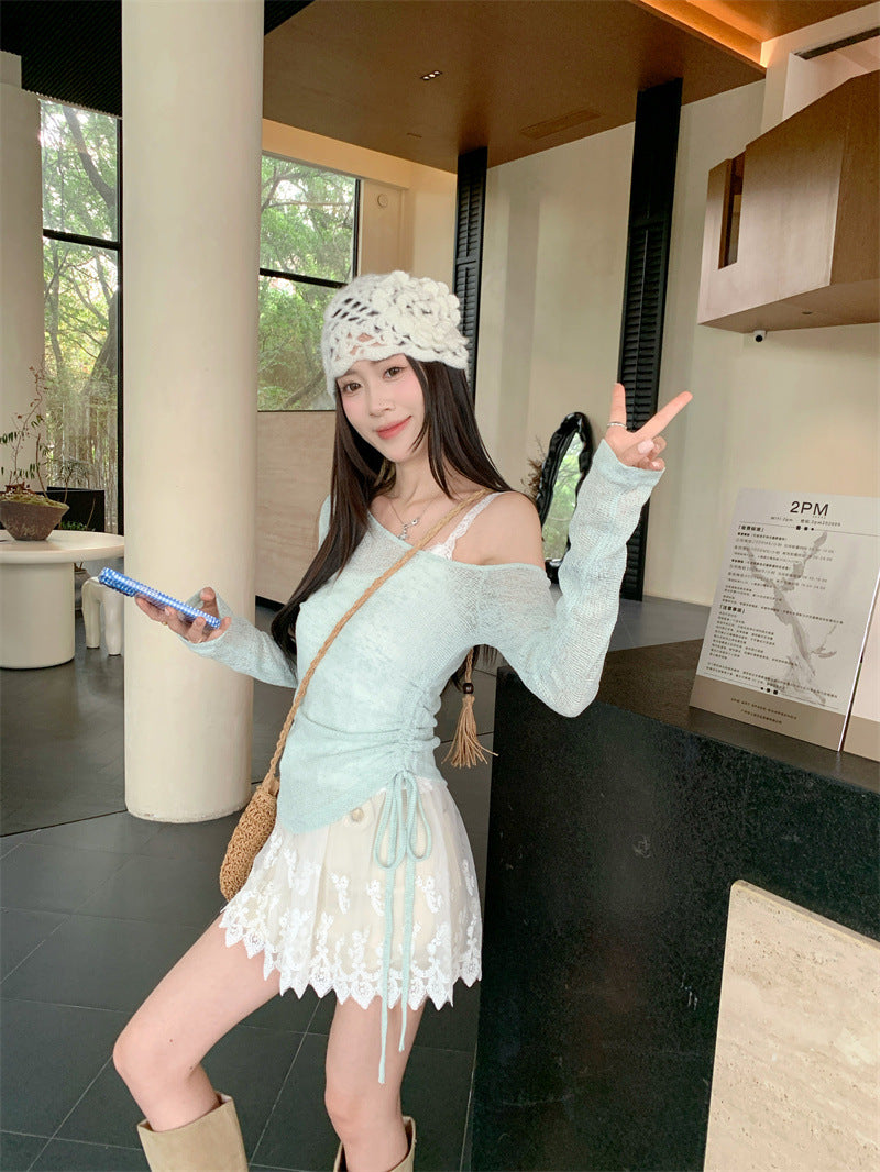 Summer Chic Korean Style Vacation Style Lace Camisole Shoulder-exposed Drawstring Thin Long-sleeved Sunscreen Blouse for suit Women