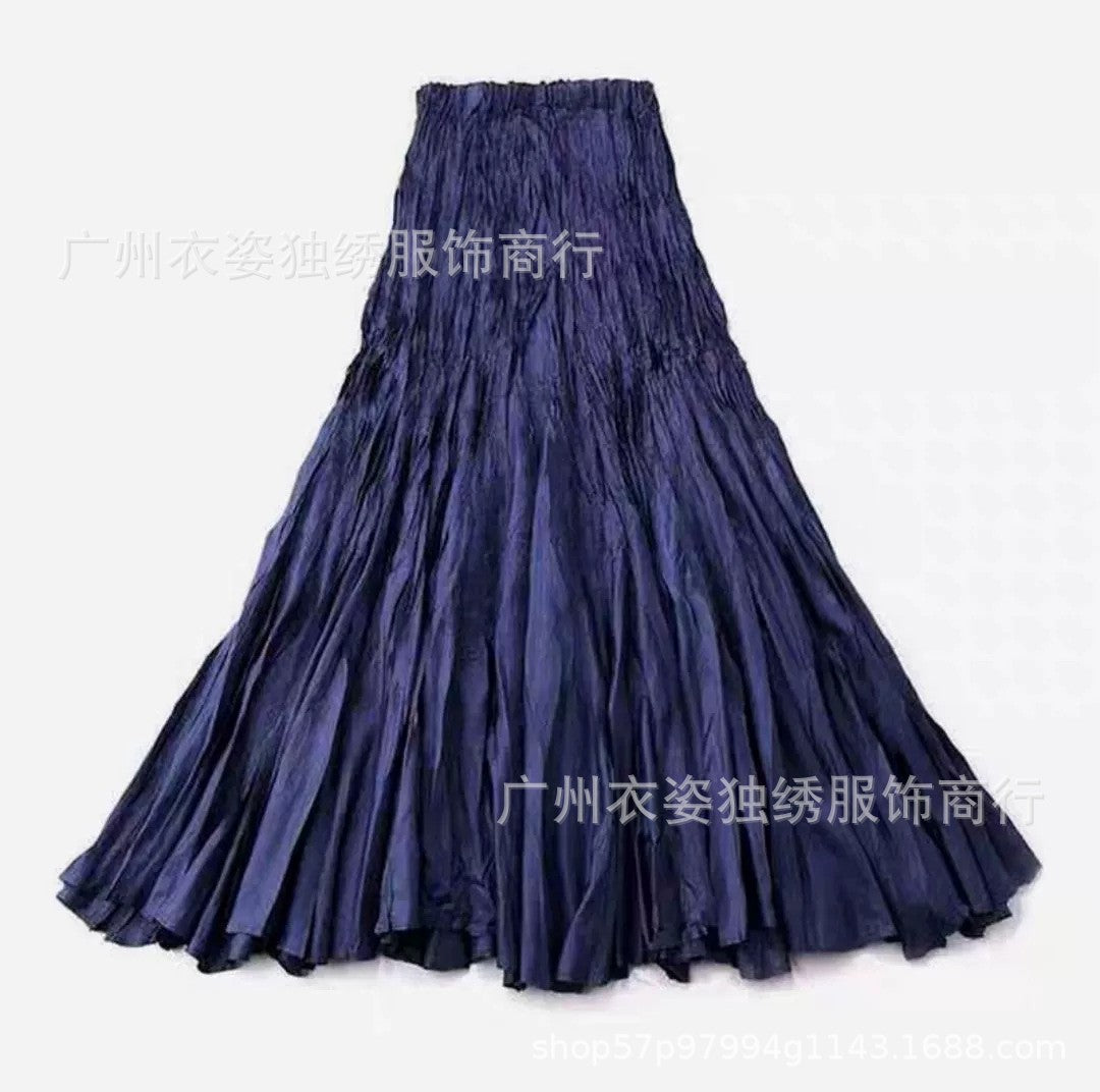 Amazon European and American Style Simple Crinkled Midi Skirt 2026 Summer New Fashion Brand Women's Clothing Trendy Versatile Oversized Flared Skirt