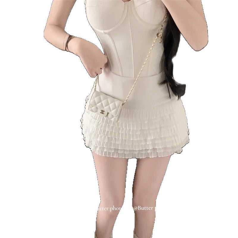 New Korean Style White Skirt, Sweet Hot Girl Lace Hip-Hugging Short Skirt, Women's Summer New High-Waisted Pleated Sweet and Spicy Style