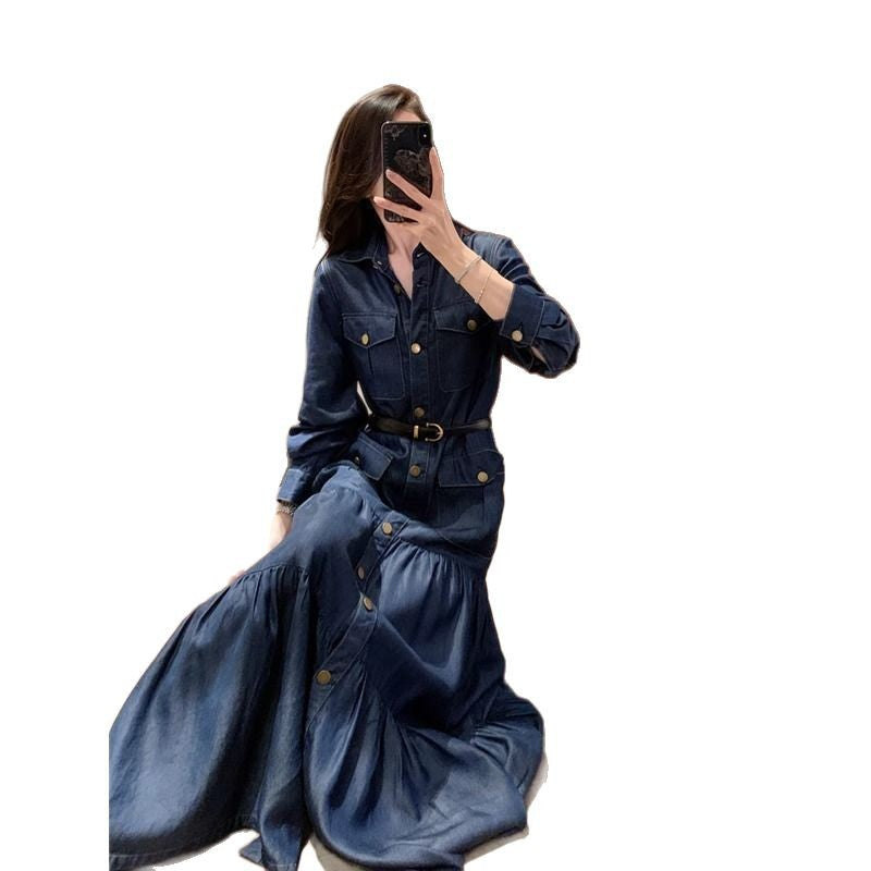 Casual Blue Denim dress Women's 2025 Spring New Feeling Temperament Fashion High Waist Slimming Cake Dress