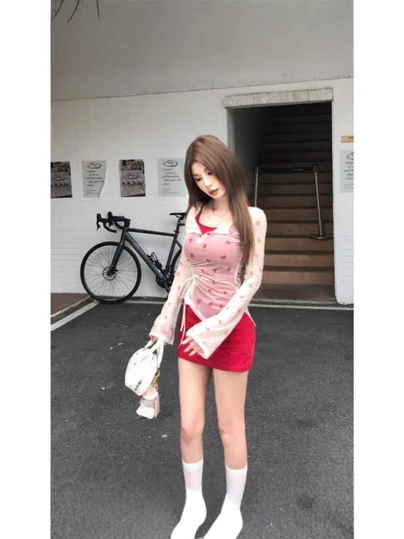 Bow Pure Desire Style Strap Sling dress Long-sleeved T-shirt suit Thin Summer Spicy Two-piece Set