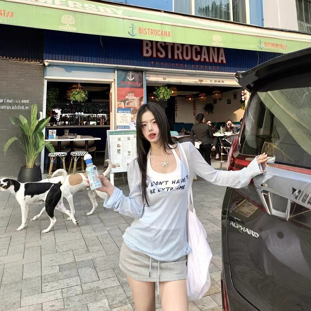 suit Sunscreen Slim Fit T-shirt Pure Desire Style Blouse Slimming Long Sleeve Sling Summer Vest Top Fashion Two-piece Set