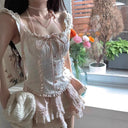 French Sweet Lace Slim-Fitting Top for Women, Summer Gentle and Pure Lust Suit, Puffy Skirt, Two-Piece Suit