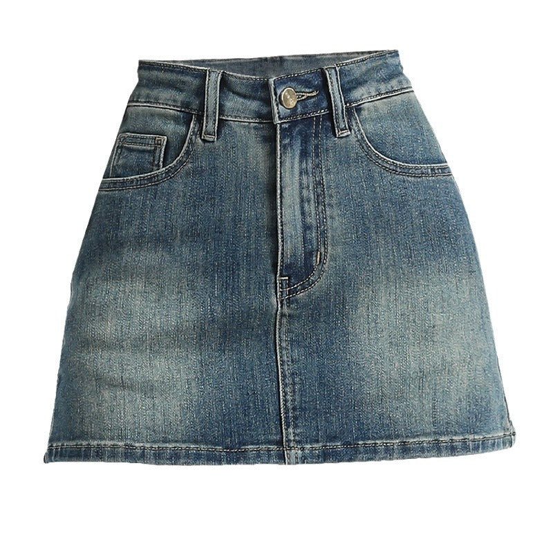 American-Style Spring and Autumn High-Waisted Elastic Slimming Retro Denim A-Line Skirt for Women, Anti-Exposure Hot Girl Bodycon Denim Mini Skirt