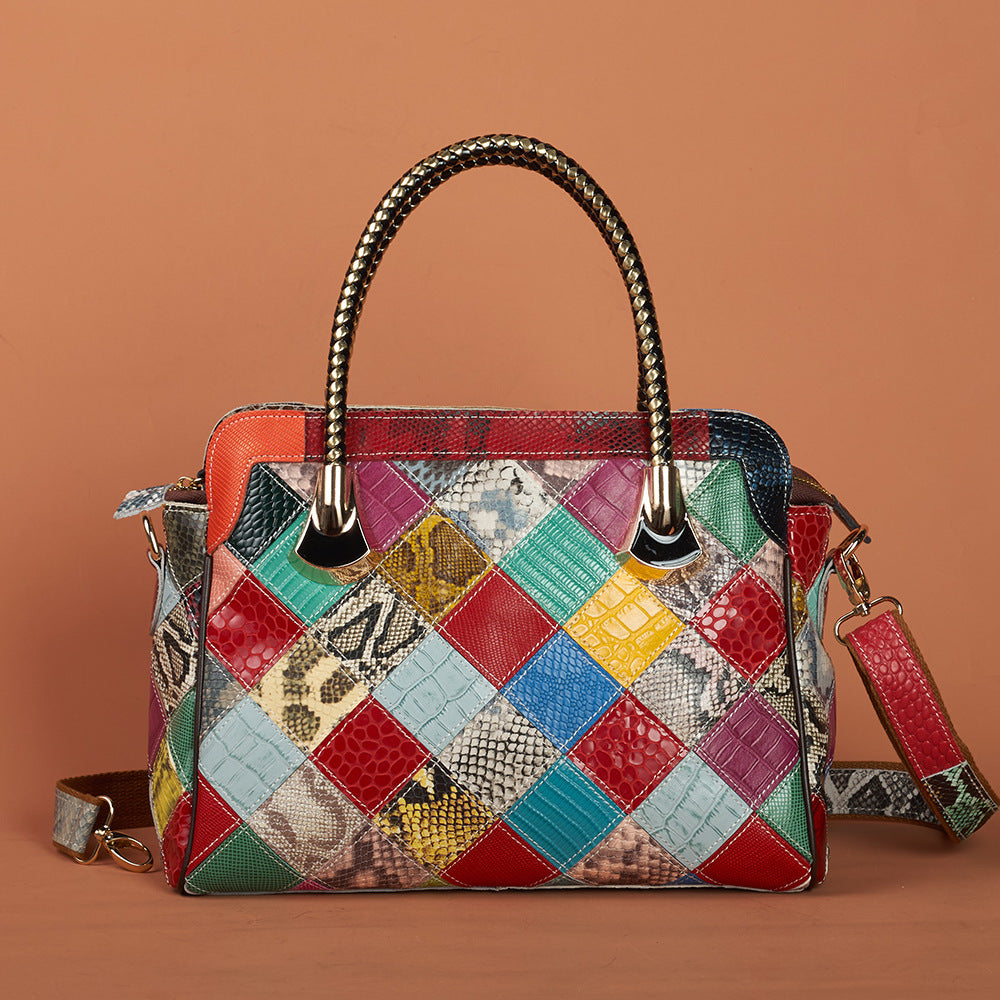 Cross-border Genuine Leather Women's Handbag European and American Trendy Bag Cowhide Snake Pattern Sequins Handmade Women's Bag Crossbody Handbag