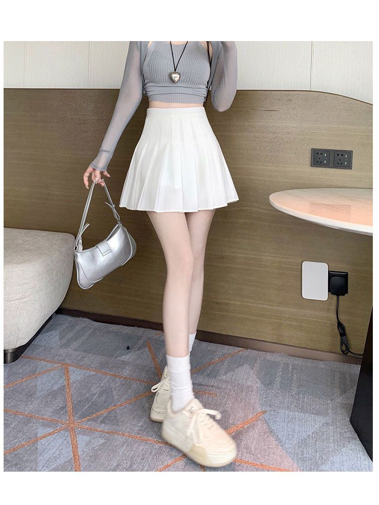 High-Waisted A-Line Slimming Pleated Skirt Versatile Short Skirt for Women, College Style Korean Version Solid Color Anti-Exposure Skirt Wholesale