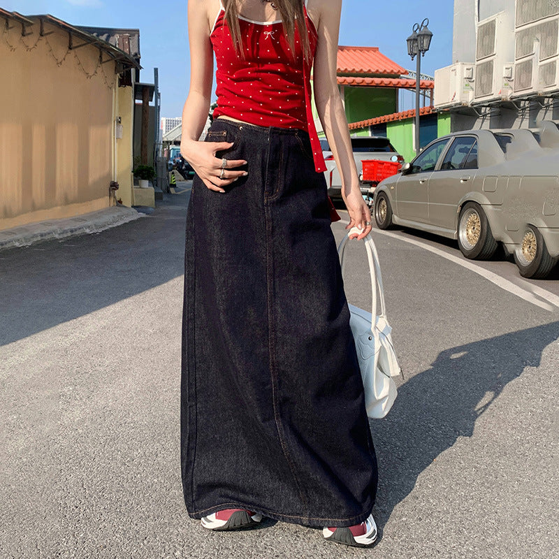 American Style Retro Hot Girl Loose Skirt Women's 2025 Summer New High Waist Draping All-match Split Denim Long Skirt