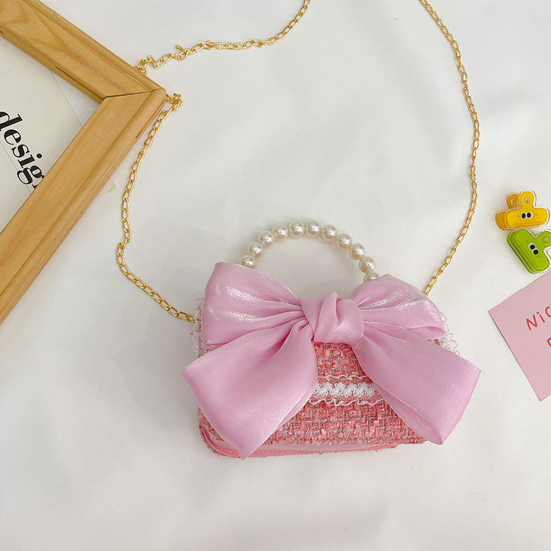 New Korean Fashion Woolen Cotton Linen Women's Children's Bow Pearl Handbag Handbag Women's Bag