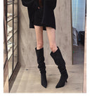 European and American Style Trendy Women's Retro Pointed Toe Stiletto High Heel Boots with Ruched Two-Way Wear Slouch Boots in Khaki Gray Long Boots