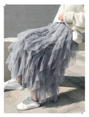 Spring and Summer Korean Style Elastic Waist Fashionable and Versatile Slimming Mesh Splicing Irregular Mid-Length High-Waisted Skirt