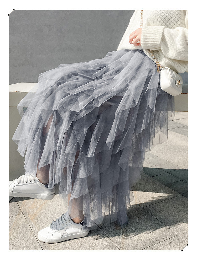 Spring and Summer Korean Style Elastic Waist Fashionable and Versatile Slimming Mesh Splicing Irregular Mid-Length High-Waisted Skirt