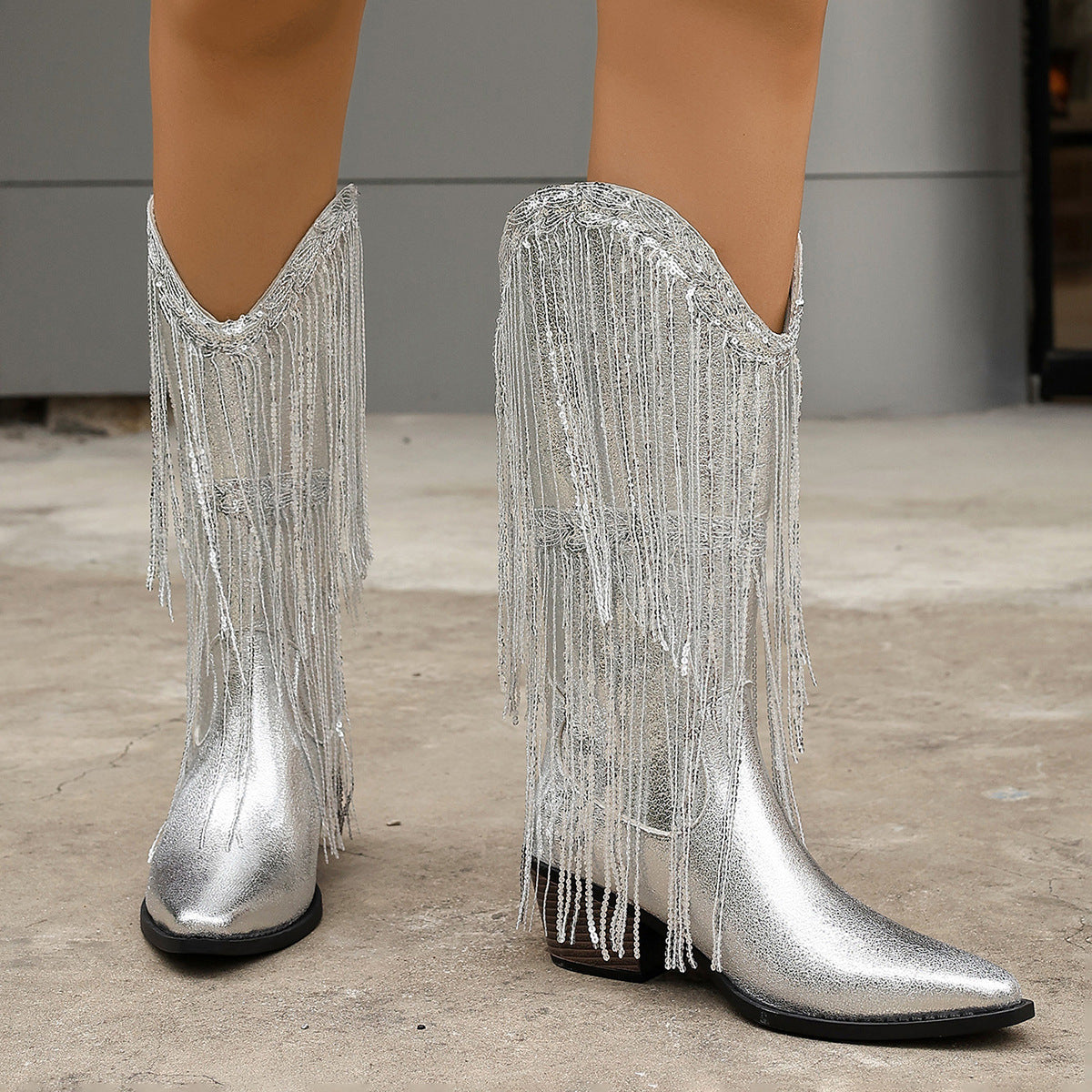 Women's Mid-Calf Boots Double-Layer Tassel Autumn and Winter Thick Heel High Heel Sleeve Western Cowboy Boots Women's Knight Boots Gold Silver Tip