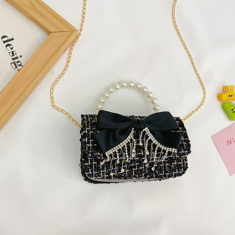 New Korean Fashion Woolen Cotton Linen Women's Children's Bow Pearl Handbag Handbag Women's Bag