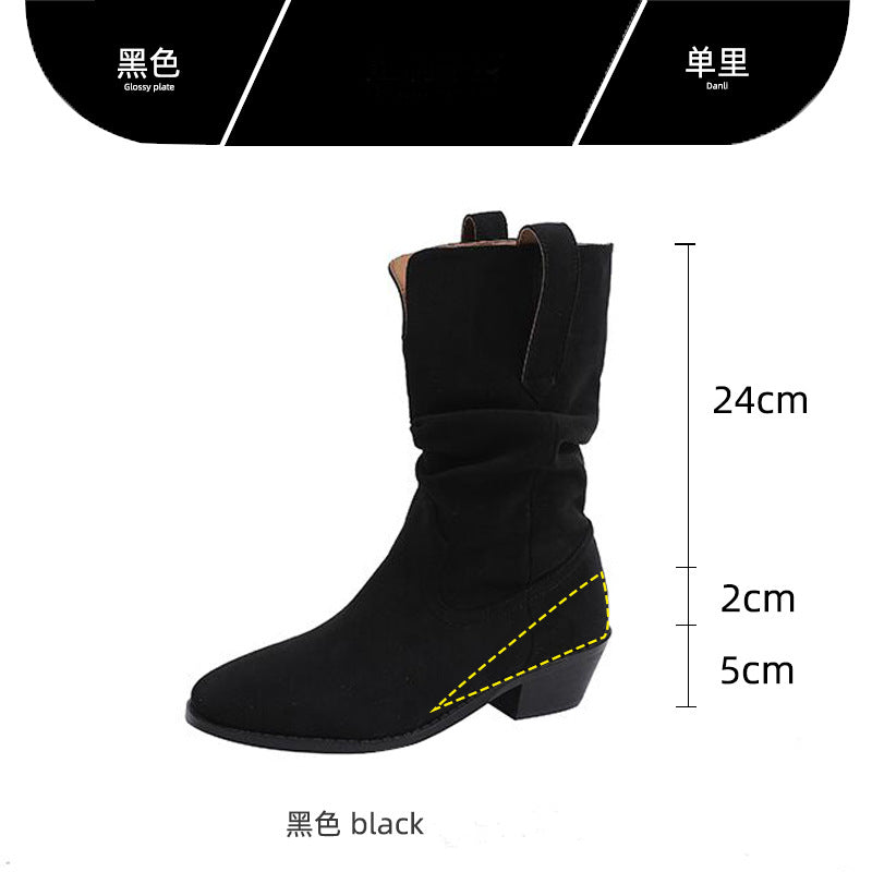 Retro Thick Heel Mid-Calf Boots for Women 2023 New Spring, Autumn and Winter Niche Western Cowboy Shoes Slim Short Boots