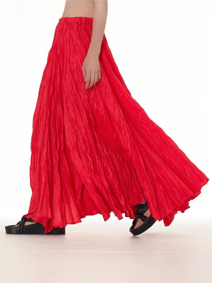 Amazon European and American Style Simple Crinkled Midi Skirt 2026 Summer New Fashion Brand Women's Clothing Trendy Versatile Oversized Flared Skirt