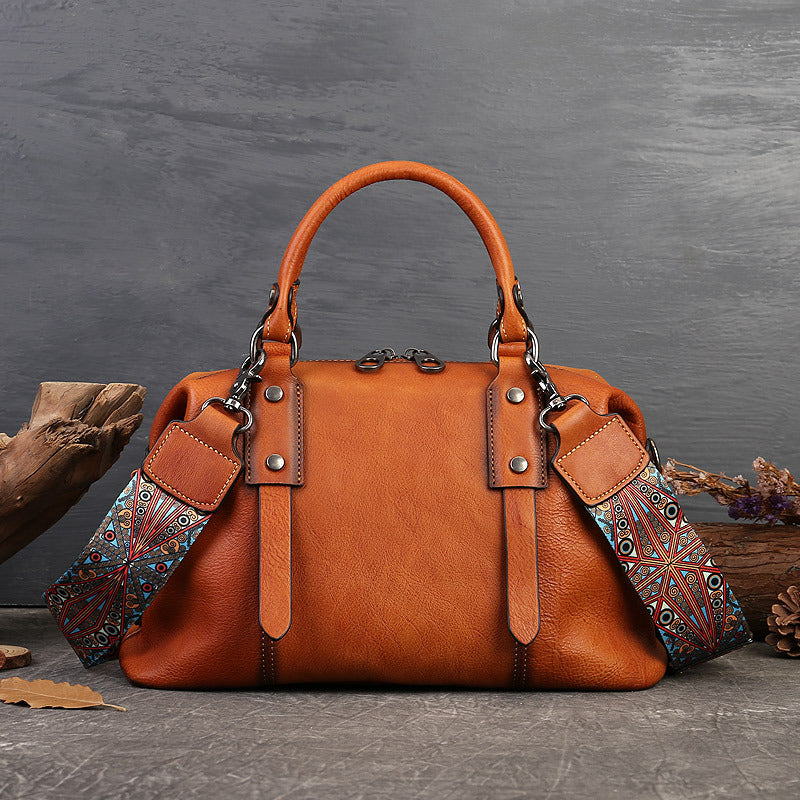 Women's Zipper Handbag First Layer Cowhide Adjustable Shoulder Bag Business Style Tote Bag Genuine Leather Women's Bag Retro Style