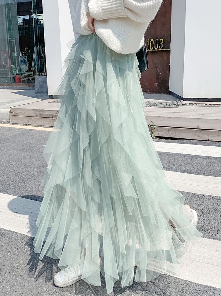 Spring and Summer Korean Style Elastic Waist Fashionable and Versatile Slimming Mesh Splicing Irregular Mid-Length High-Waisted Skirt