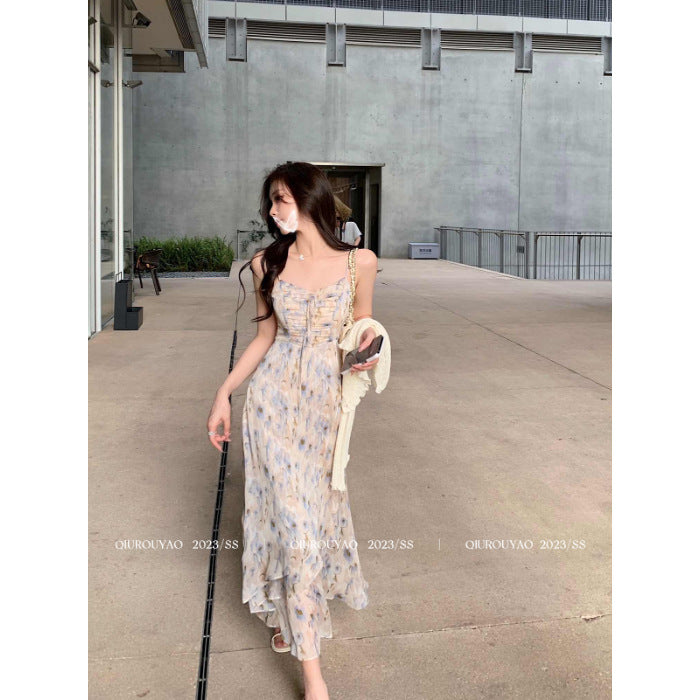 French Style Waisted Gentle Floral dress Women's Seaside Beach Vacation Fairy dress Elegant Pure Slip Dress