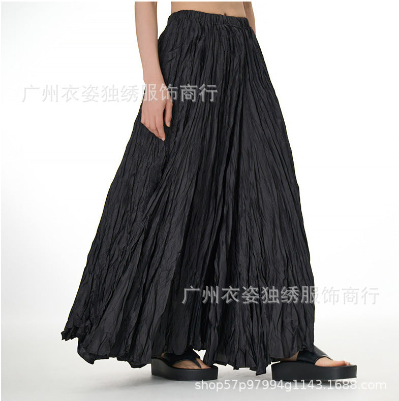 Amazon European and American Style Simple Crinkled Midi Skirt 2026 Summer New Fashion Brand Women's Clothing Trendy Versatile Oversized Flared Skirt